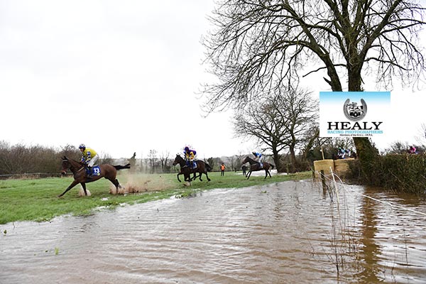 The scene at Tallow PTP today for the 2nd race won by Kilbree Warrior and Tom Feeney for trainer Jimmy Collender showing the River Bride overflowing to the track at the Waterford venue.
(c)healyracing.ie