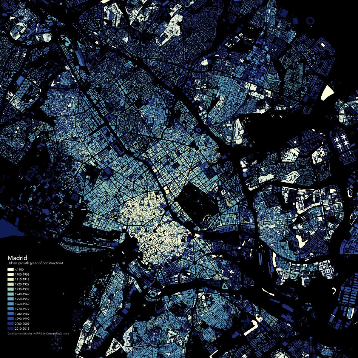 Where #art meets #science: having some fun while exploring and comparing the urban growth of #Barcelona and #Madrid over the last 2 centuries. Using #opendata and the amazing Inspire Catastral plug-in for #QGIS.
#GIS #dataviz #urbananalytics #urbanmorphology