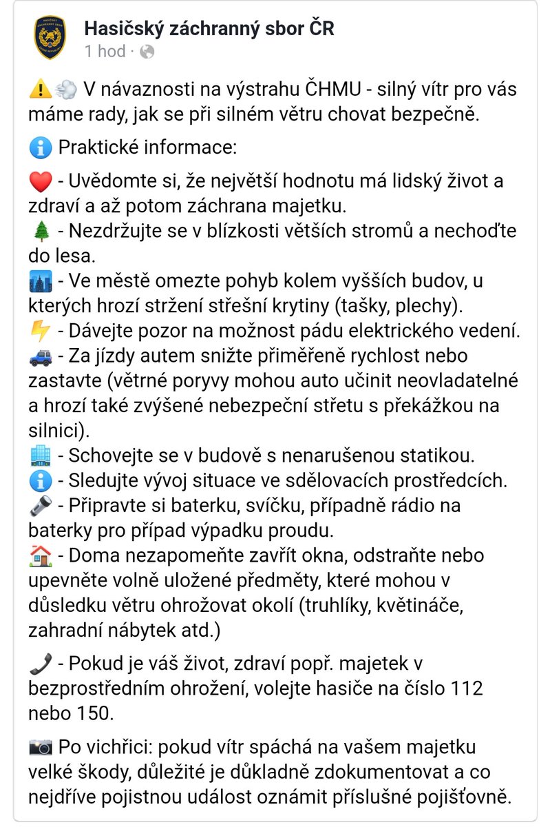 Časový přehled výstrahy: portal.chmi.cz/files/portal/d…
Očekává se plné vytížení tísňové linky <a href="/tctv112_cz/">TCTV 112 🆘</a> s přelivy mezi kraji. Prvotně budou řešeny akutní případy, následky větru budeme řešit ještě několik hodin po skončení výstrahy.