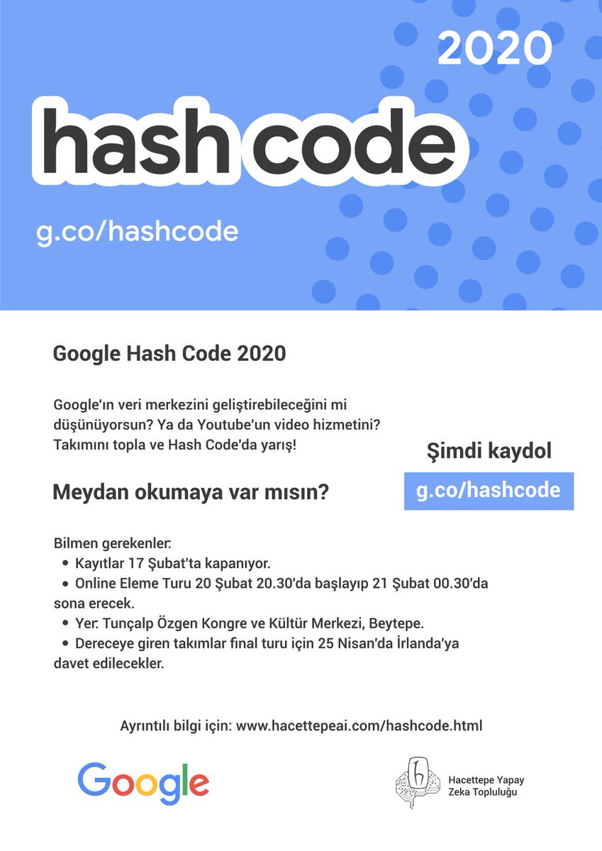 hacettepeaiclub's tweet image. @hacettepeaiclub olarak Google HashCode yarışmasına ev sahipliği yapıyoruz! Hacettepe dışından katılacak öğrencilerin giriş formunu doldurmalı: forms.gle/L9PVE7cLFzVVZW…

Detaylı bilgi için: hacettepeai.com/hashcode 

Bu tweet&apos;i retweet&apos;leyen iki kişiye topluluk tişörtümüz hediye !