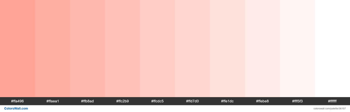 Tints XKCD Color peachy pink #ff9a8a hex #ffa496, #ffaea1, #ffb8ad