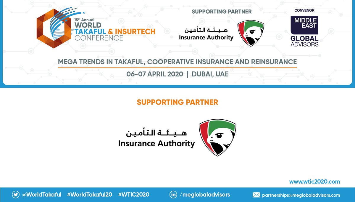 We're delighted to have @uaeinsuranceaut as the OFFICIAL SUPPORTING PARTNER at the 15th Annual <a href="/WorldTakaful/">WTIC 2020</a>; Register Now: bit.ly/2RTtqCb; More Info: wtic2020.com #WTIC2020 #WorldTakaful20 #Dubai 
#Takaful #Insurance #CooperativeInsurance #Reinsurance