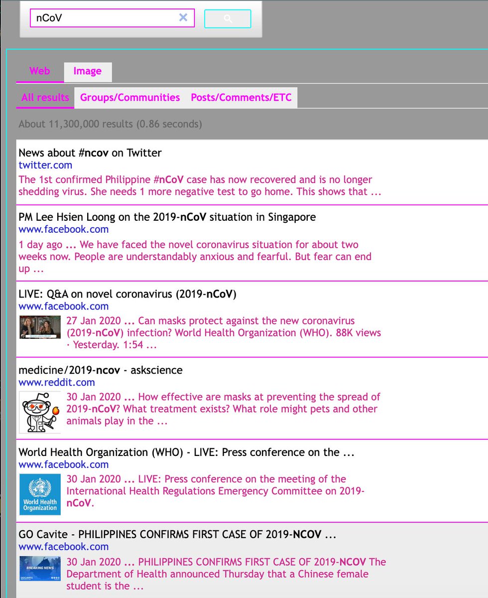 DonEvansWm's tweet image. 这是一个跨社交媒体平台的自定义搜索引擎。帮您快速捕获消息。

比如看疫情，输入nCoV后显示 11,300,000 个结果。与其他搜索引擎不同，它专注于从社交媒体抓取；因此消息会比较快，但其中有可能有不实消息，需要您主动甄别。

您还可以专门搜图，也可以按社区/评论来过滤：cse.google.com/cse?cx=0166214…