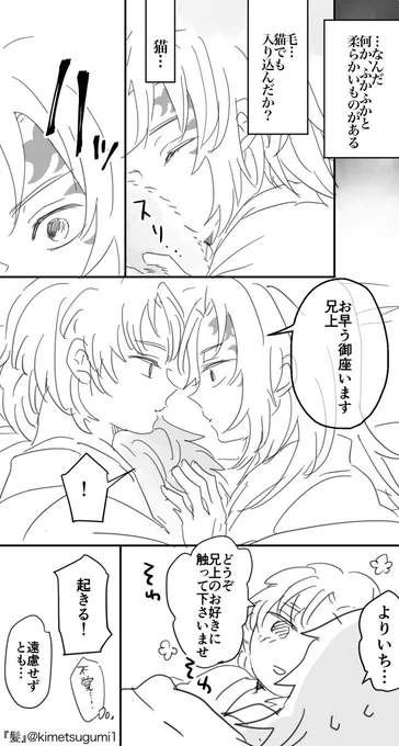 縁巌『髪』 ある朝の二人
 #縁巌60
遅刻参加失礼します!
耳飾りは外しているということで… 