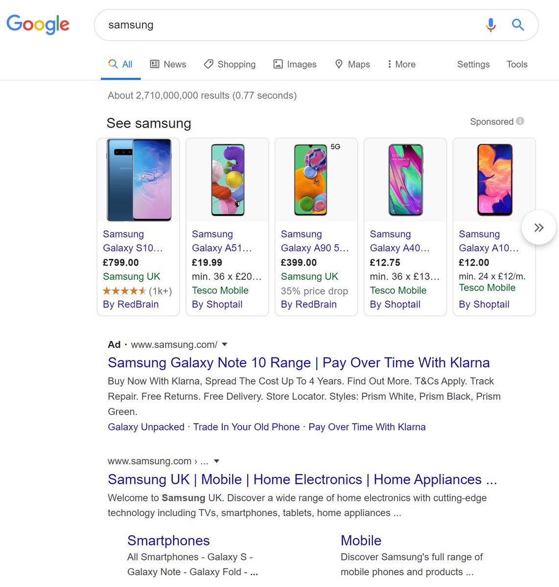 57. PPC. Google Shopping: Avoid shopping ads appearing for your main brand terms if you can. (not always possible)Eg, here, Google shows shopping ads against the term 'Samsung'. = lots of cost on clicks, and unlikely those searching 'Samsung' want to buy a phone *right now*.