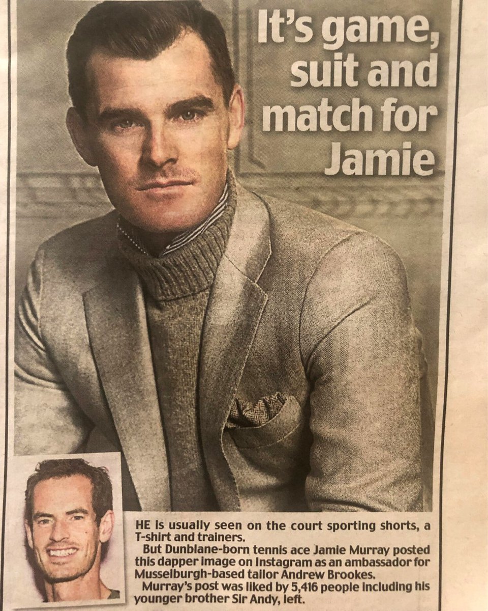 Game #Suit &amp; Match! Great to see brand ambassador <a href="/jamie_murray/">Jamie Murray</a> in the #Scottish <a href="/DailyMail/">Daily Mail</a> yesterday wearing custom #tailored Andrew Brookes.

Delighted to hear this photo is generating plenty of engagement of at <a href="/instagram/">Instagram</a> ➡️
instagram.com/p/B7IziOGjL_4 #tennis #doublestennis