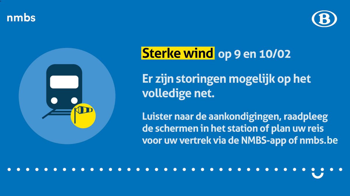 NMBS's tweet image. ⚠️ Door slechte weersomstandigheden is het treinverkeer verstoord op het volledige net.

ℹ️ Plan je reis voor je vertrekt via onze app of op nmbs.be

#NMBS