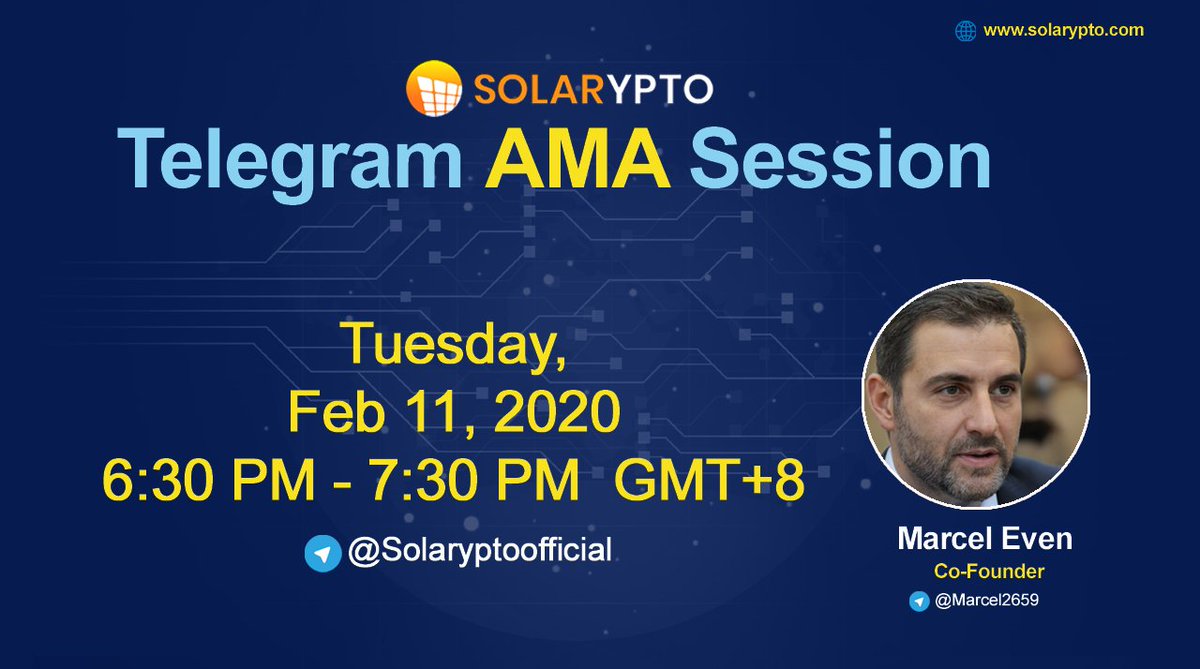 Join us on the 11th of February, 2020🗓 at GMT +8, 6.30 PM to 7.30 PM ⏰for a live AMA with our CEO Marcel Even in our Telegram community!

We will discuss about Solarypto’s upcoming ITO, feel free to ask any questions you might have about the ITO.