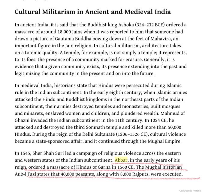 12/n  @Javedakhtarjadu now let’s talk abt persecution of Hindus by Akbar.1)Massacre of Hindus of Garha in 1560 AD(Ref: The SAGE Encyclopedia of War: Social Science Perspectivesedited by Paul Joseph)Abul Fazl states: 48,000 Hindus were persecuted at the orders of Akbar.