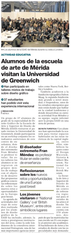 EASD_merida's tweet photo. El @EPExtremadura ha publicado hoy una noticia sobre el viaje a Londres de nuestros alumnos de Diseño gráfico 🙌🏽 https://t.co/BMOvAFeJjo