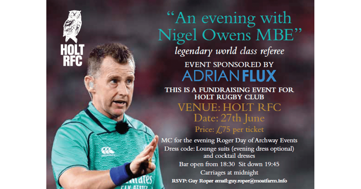 HoltRFC's tweet photo. An Evening with Nigel Owens MBE - Legendary World Cass Referee
https://t.co/FUjpR40LER https://t.co/3FkMhmqU2a