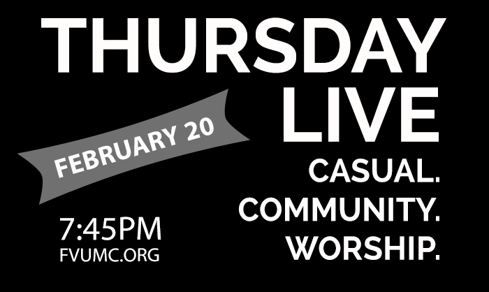 fvumc's tweet photo. Thursday Live

Come to the centrum for an informal community gathering time with a brief devotion and contemporary worship music. The next Thursday Live is on February 20 at 7:45pm. Childcare is available. https://t.co/38CEIZ8FCi