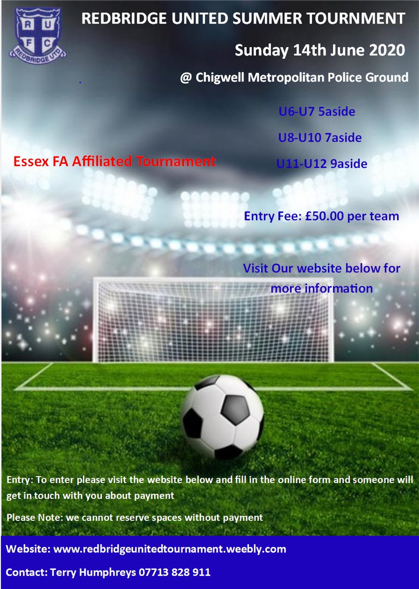 Redbridge United Tournament 2020
<a href="/ChigwellHall/">Chigwell Hall</a> 
Sunday 14th June 2020
redbridgeunitedtournament.weebly.com
Get in touch for more information via live chat on our website