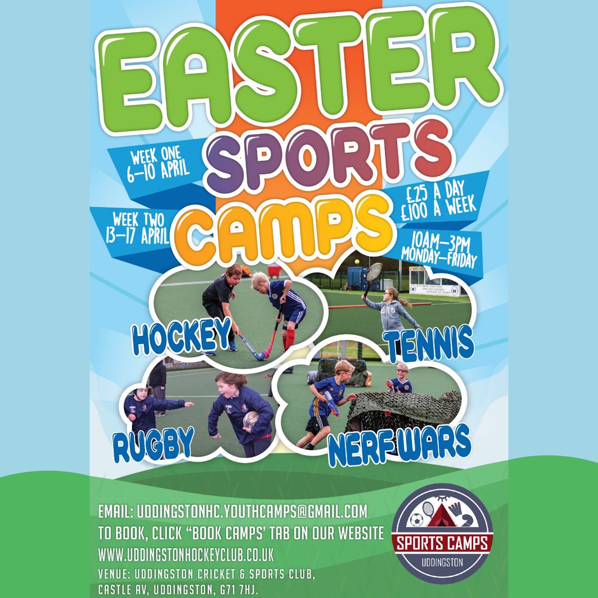 UddyHockey's tweet photo. Hockey, Tennis, Rugby &amp; Nerfwars from 6th-10th and from 13th-17th of April. £25 a day or £100 a week. Hot Food can be supplied by Rosso Bothwell for £2.50 per day. https://t.co/wz7UQwWXm8
@UddingstonCSC @UddyRFC @UddyCricket @rossobothwell @scottishhockey @WhatsOnLShire https://t.co/0LwkN9ldkD