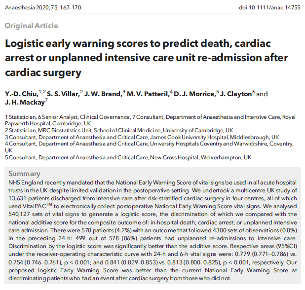 𝘈𝘯𝘢𝘦𝘴𝘵𝘩𝘦𝘴𝘪𝘢 Logistic Early Warning Scores To Predict Death Cardiac Arrest Or Unplanned Intensive Care Unit Re Admission After Cardiac Surgery Catch Up With This Great New Freeforaday Paper From The February