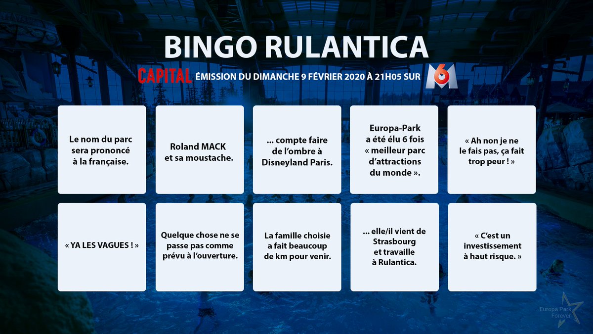 EPF4ever's tweet image. On télécharge, on imprime, pour le grand bingo de @CapitalM6 "Loisirs en famille : ils vous promettent l'aventure à deux pas de chez vous", avec un sujet consacré à @RulanticaFR ! #Capital #M6 #EuropaPark #Rulantica