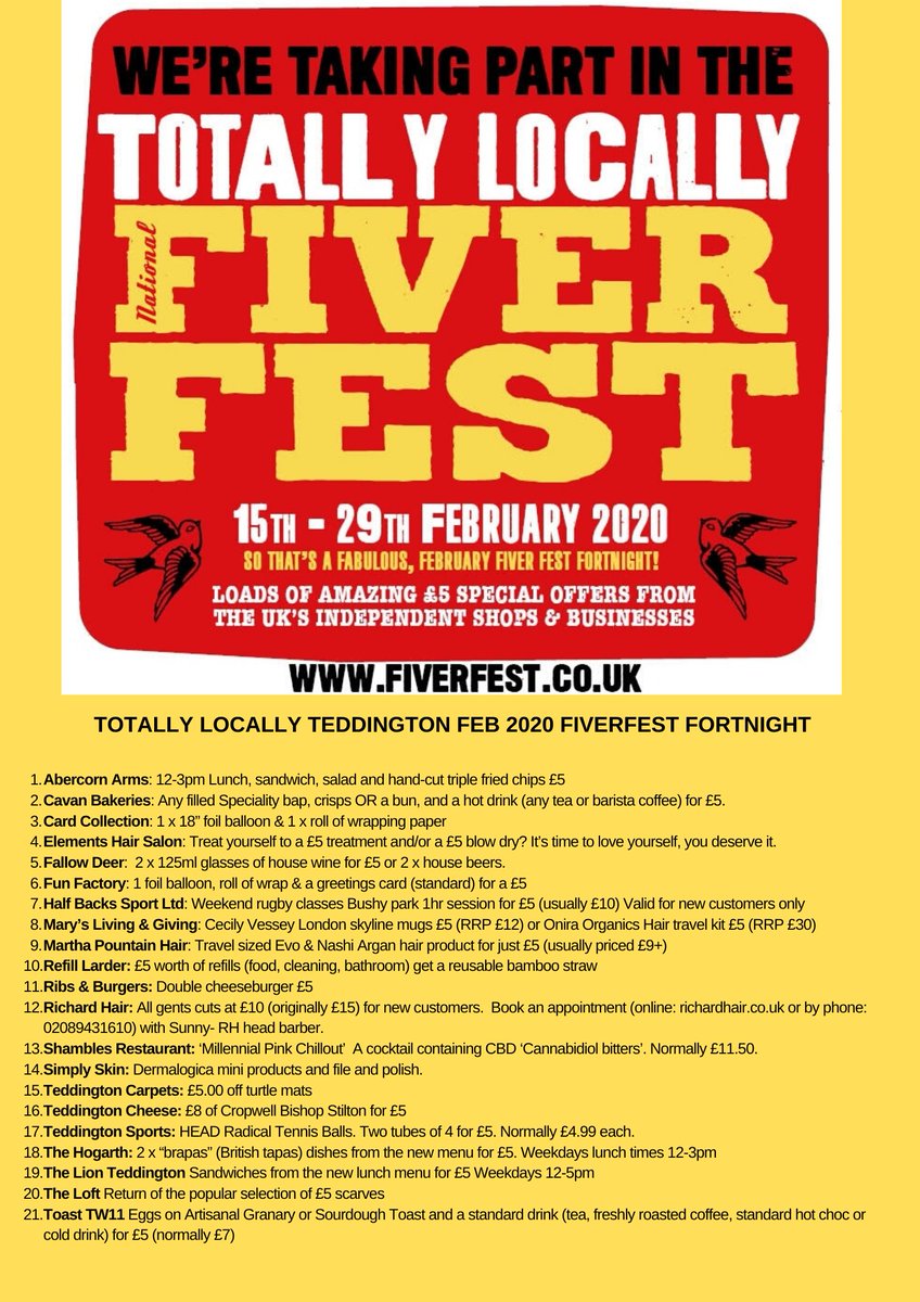 Here's a sneak peek of participating #Teddington traders in the upcoming #Fiverfest and their great #5 offers starting next Saturday.