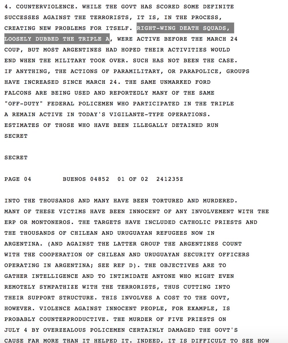 It's really eerie to read these old cables and see the same patterns emerging today against the left. See: any cable that mentions "Triple A" from Argentina (there are many)  https://search.wikileaks.org/plusd/cables/1976BUENOS04852_b.html