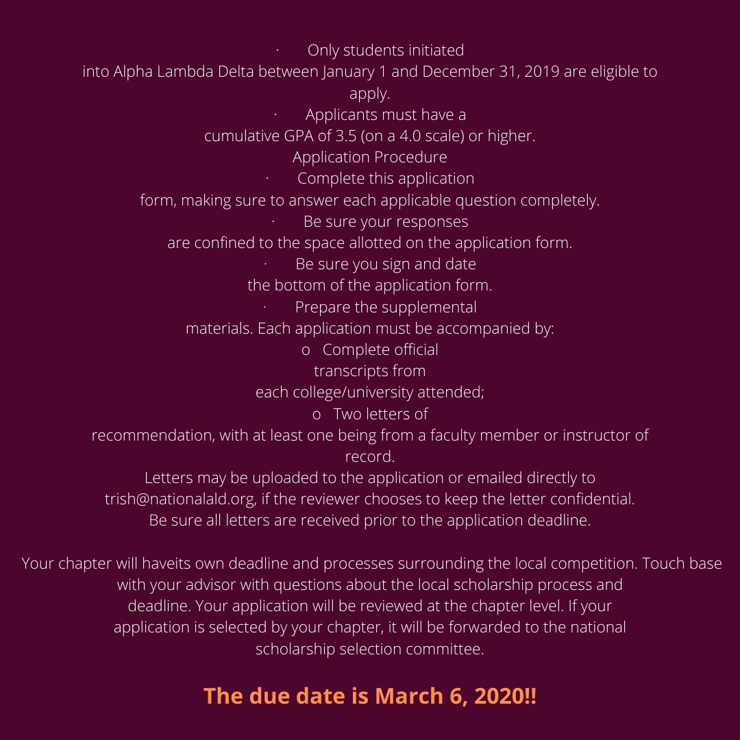 nsula_ald's tweet photo. The Trow Scholarship awaits... Please swipe right to see the requirements. These also can be found on the national ALD website. Our chapter due date is March 6, 2019. Hurry up and get those applications in. You could be that luck student!!! 💜🧡 https://t.co/7Cg1DnHQ9e