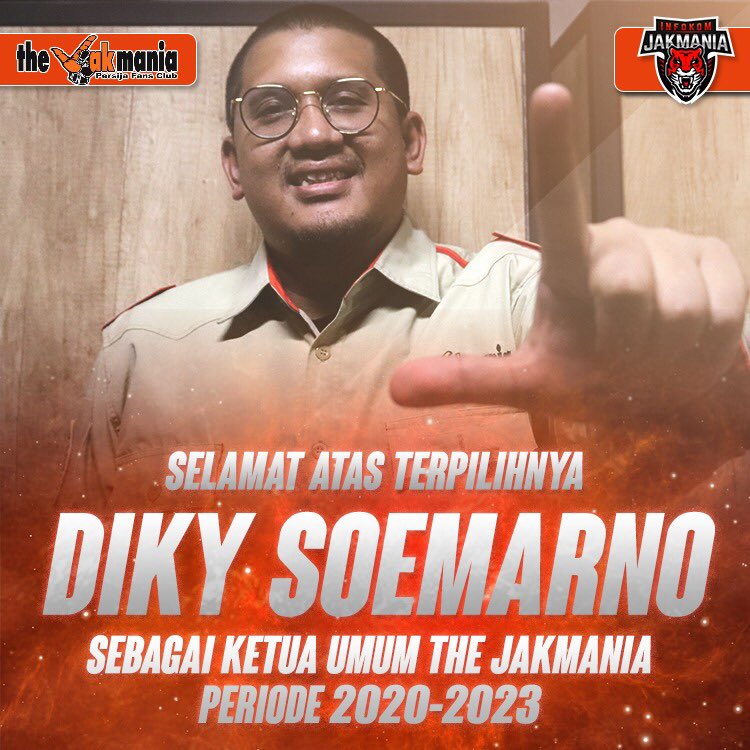 Setelah melalui pemilihan umum yang dilakukan hari ini di Sekretariat the Jakmania. Akhirnya, secara resmi Diky Soemarno menjadi Ketua Umum the Jakmania untuk masa periode 2020-2023.

Tentunya banyak harapan kepada beliau untuk membawa the Jakmania selama tiga tahun ke depan.