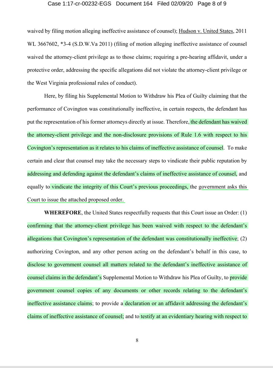 QAnon-Sense-Flynn decided to go all scorched earth - besmirching the reputation of Covington. A/C privilege waived“...well-settled that a defendant waives his attorney-client privilege by filing a motion to vacate a conviction based on ineffective assistance of counsel...”
