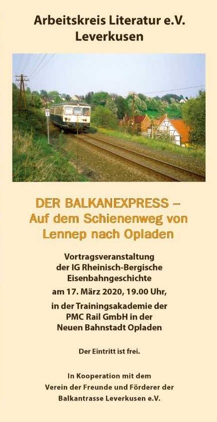 LiteraturLev's tweet photo. Der Arbeitskreis Literatur e.V. lädt zur Veranstaltung "Der #Balkanexpress - Auf dem Schienenweg von #Lennep nach #Opladen". Sie findet statt am 17. März 2020 um 19 Uhr, #PMC Rail GmbH, Werkstättenstr. 18, #Leverkusen-Opladen. Der Eintritt ist frei. https://t.co/MtdYrJ6L9n