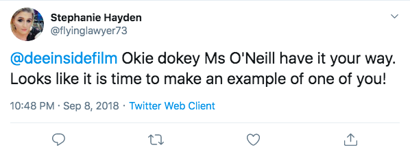 We can see another academic getting the treatment that night  @deeinsidefilm "Looks like its time to make an example of one of you!" https://twitter.com/flyinglawyer73/status/1038544578960400385 https://twitter.com/flyinglawyer73/status/1038550803441704960