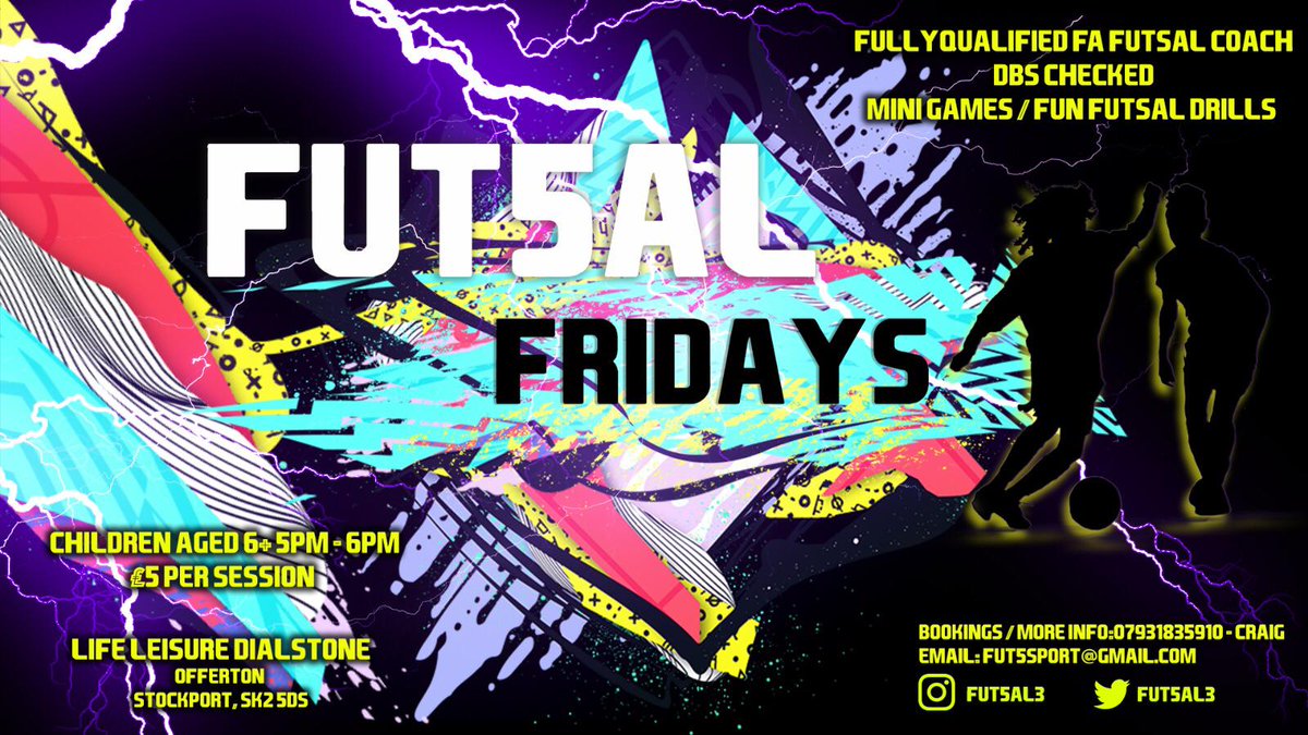fut5al3's tweet photo. Don’t forget this Friday we start our 5-6pm session!

Offerton life leisure 
Ages +6 
£5 a session 

Learn some new skills and enhance your game! 🇺🇾🙌🏼⚽️ https://t.co/myRRuPvSYZ