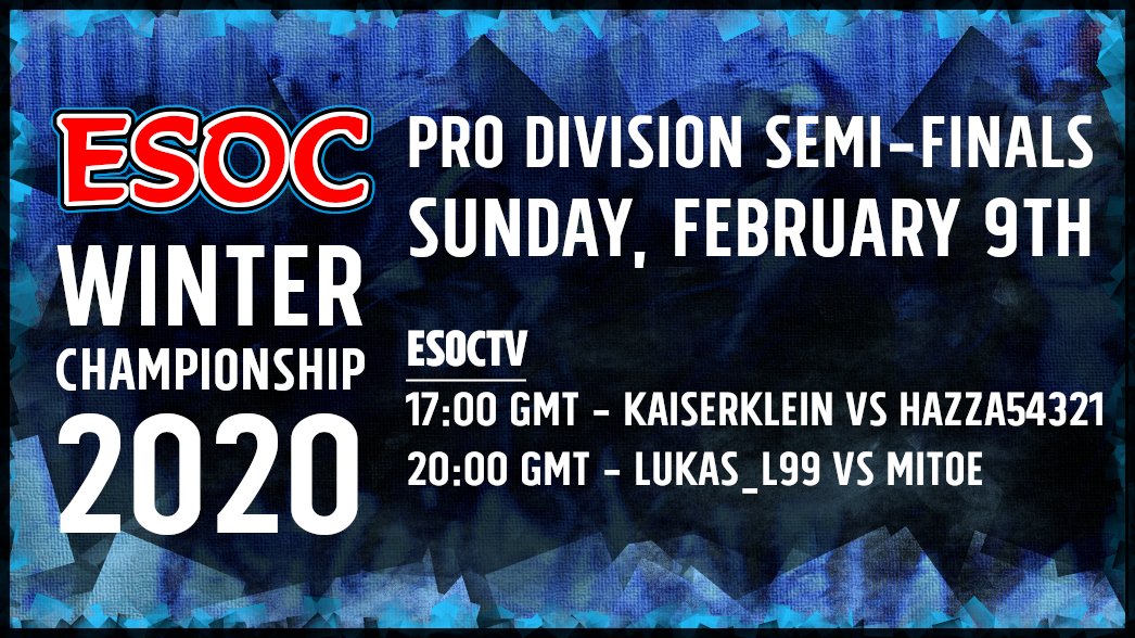 ⚔️ LETS GO! #ESOC Winter Championship 2020: Pro Division Semi-Finals is on NOW. Kaiserklein vs Hazza54321 and Lukas_L99 vs Mitoe in a BO7!  #AoE3 SEE YOU THERE ⚔️ twitch.tv/esoctv