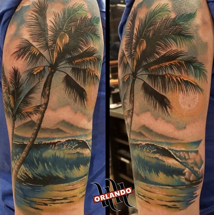 Who else wants to escape to this beach getaway? 🌴🏄‍♂️ This half sleeve was done by Hart and Huntington Orlando artist Jimmy. 

Click here to check out more of his work. You can even book an appointment at this link! hartandhuntingtonorlando.com/artists/jimmy

#hhtattoo