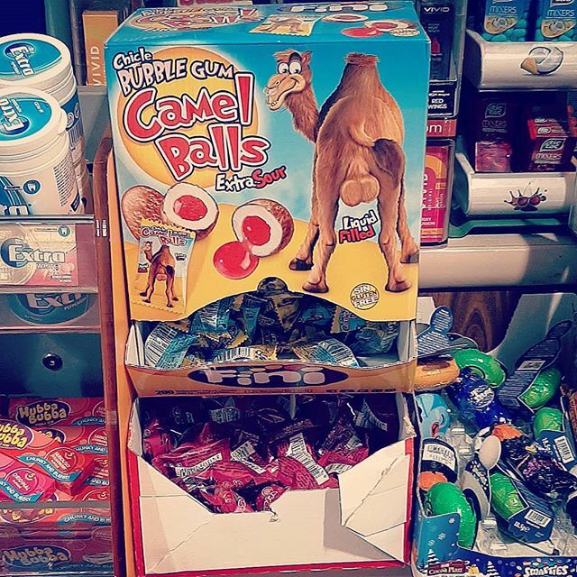 ManCaveGamingUK's tweet photo. I don't remember having sweets like this when I was a kid. When I'm paying for shopping constantly presented with the back end of a camel with penudulas #camelballs and being reminded with the text between his legs that they are #liquidfilled. #weird https://t.co/7crv1Qm6Jb https://t.co/5pOk9WLbLw