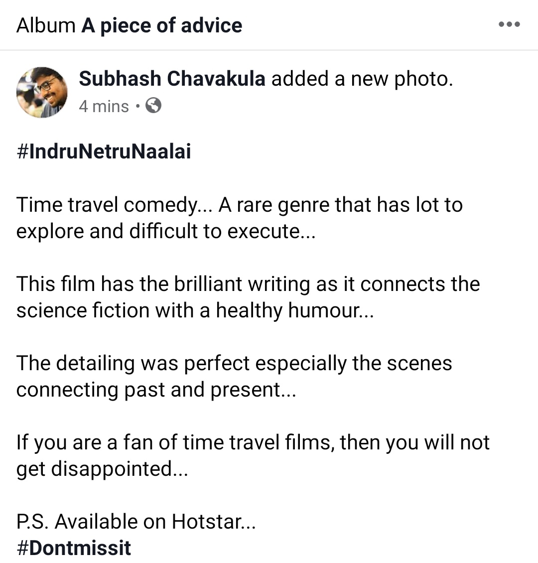 This_is_Subhash's tweet photo. #IndruNetruNaalai

@Ravikumar_Dir narration and detailing... 👌👌👌
@TheVishnuVishal @icvkumar https://t.co/Dpv5lcP8kX
