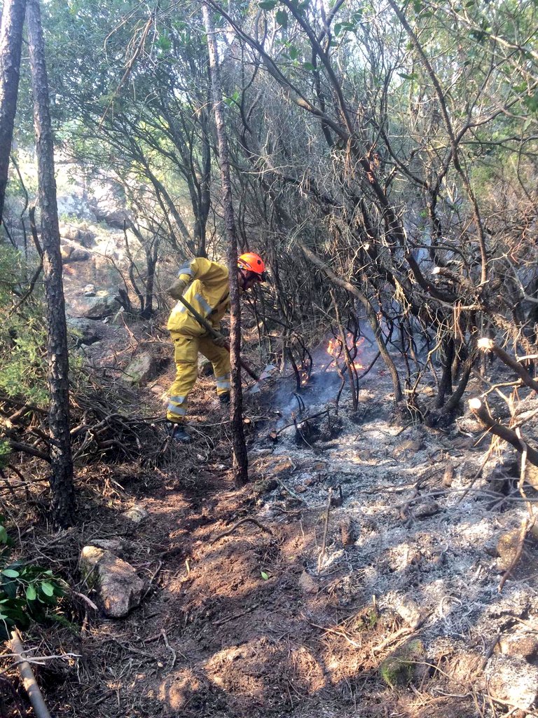 SDIS83's tweet photo. [#RENFORT #CORSE] Poursuite des actions sur le site escarpé de #Bavella du #DIH83 suite à la relève d'hier. Au programme : #forestage, création d'accès, traitement #fumeroles, #reconditionnement du matériel par #hélicoptère vers zone d'emport en vue de leur redeploiement demain. https://t.co/XRP6IoXBw5