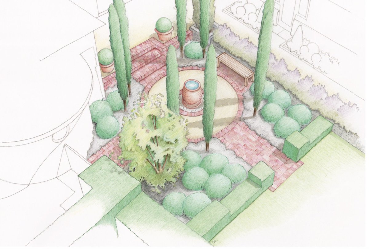 nettlespetals's tweet image. Visual for a new Italianate style  garden as part of a larger scheme in Hampshire. Italian cypress will give height and structure around the water jar whilst  hebe and santolina will form mounds of simple evergreen structure beneath. #nettlesandpetalsdesign #conceptvisual