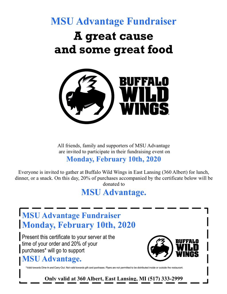 MsuAdvantage's tweet photo. Come support Advantage Next Monday at Buffalo Wild Wings! 20% of your purchase will go towards Advantage efforts. Hope to see you there 💚 https://t.co/hUfsDh76uh