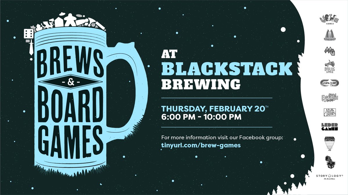 The next Brews &amp; Board Games event is nearly here. On Thursday, February 20th, come down to Blackstack Brewing to play games and drink beer. 

The event will feature a brand new game! Atlas Games will be demoing their game Dice Miner. Be one of the first to play it at Blackstack.