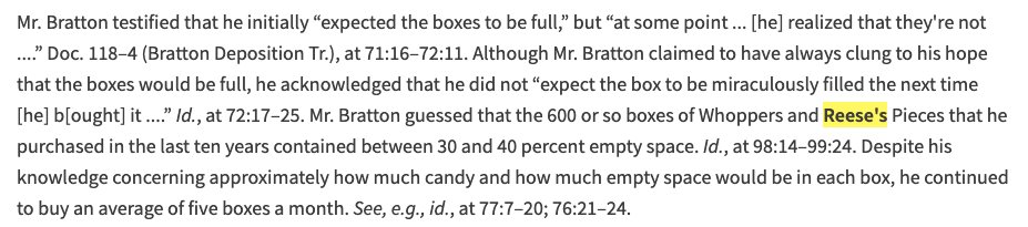 lexlanham's tweet photo. plaintiff bought 600 boxes of reese's pieces & whoppers for personal consumption over a decade & "always clung to his hope that the boxes would be full," though they never were. #notallheroeswearcapes #slackfill https://t.co/umekQOjJpQ