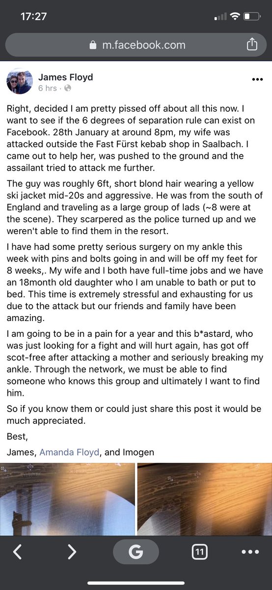 claphamfloyd's tweet photo. Sharing the story of my #attack on Twitter as well. If you know someone who was on holiday in #Saalbach 28/01 then please let me know or just retweet to share. #findourattacker #findthatdick https://t.co/b9SZvTrSyK