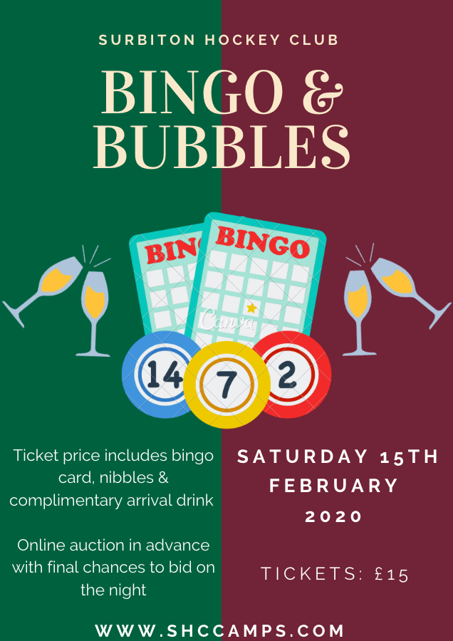 ICYMI | BINGO &amp; BUBBLES 😍

Come and join us this Saturday (15th February) for what is set to be a fun evening of bingo, booze and an online auction!

👉Get your tickets now shccamps.com/events/bingo-b…

Hosted by our lovely @SurbitonL1s 😍
 
#Supersurb
