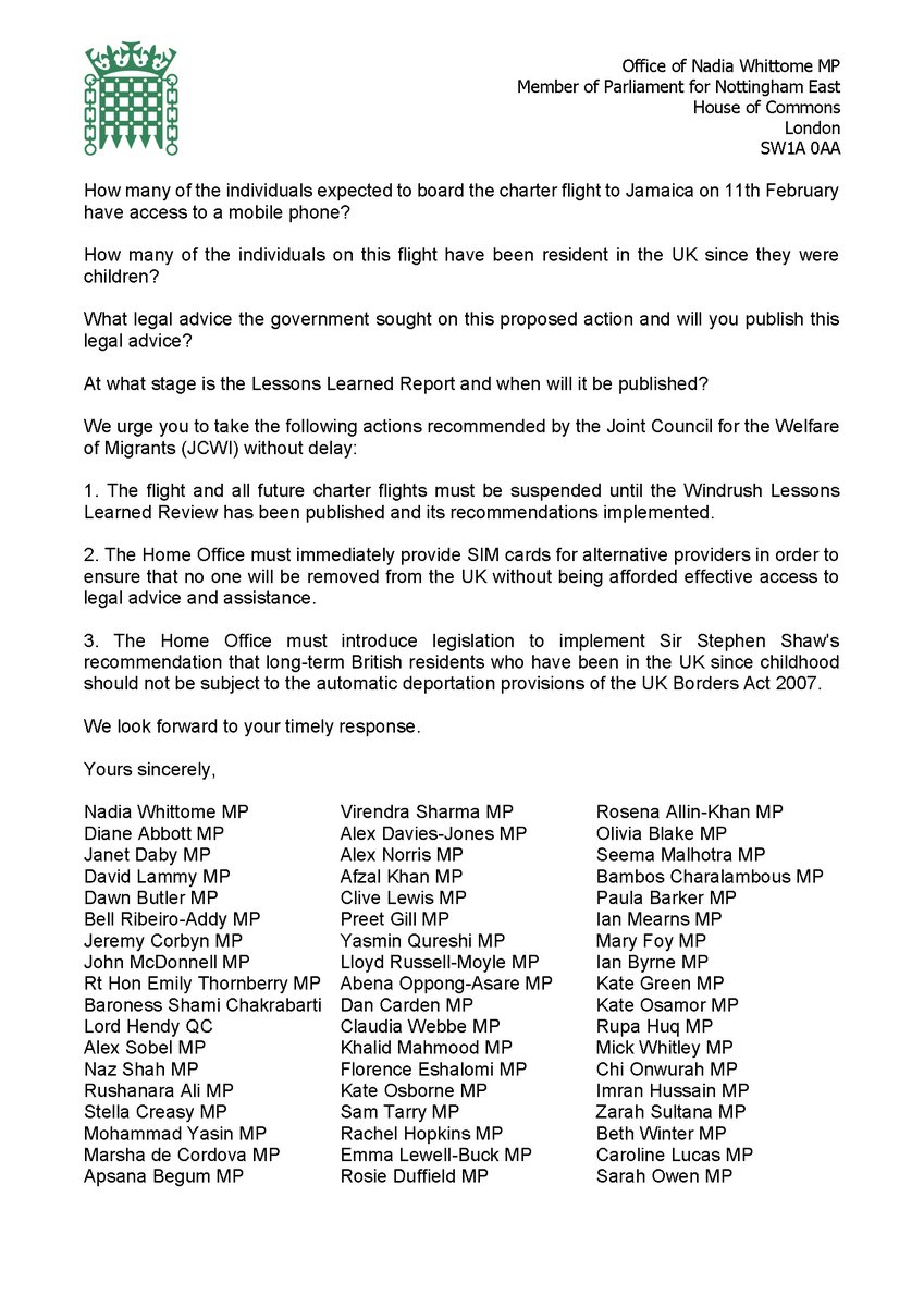 labourpress's tweet photo. A letter signed by over 150 cross-party MPs and Lords including Labour Leader, Jeremy Corbyn MP has been sent to the Prime Minister today asking to immediately halt a flight which is seeking to deport 50 individuals to Jamaica.  – @NadiaWhittomeMP 

https://t.co/799nUCspES https://t.co/XYnsS3PaVF