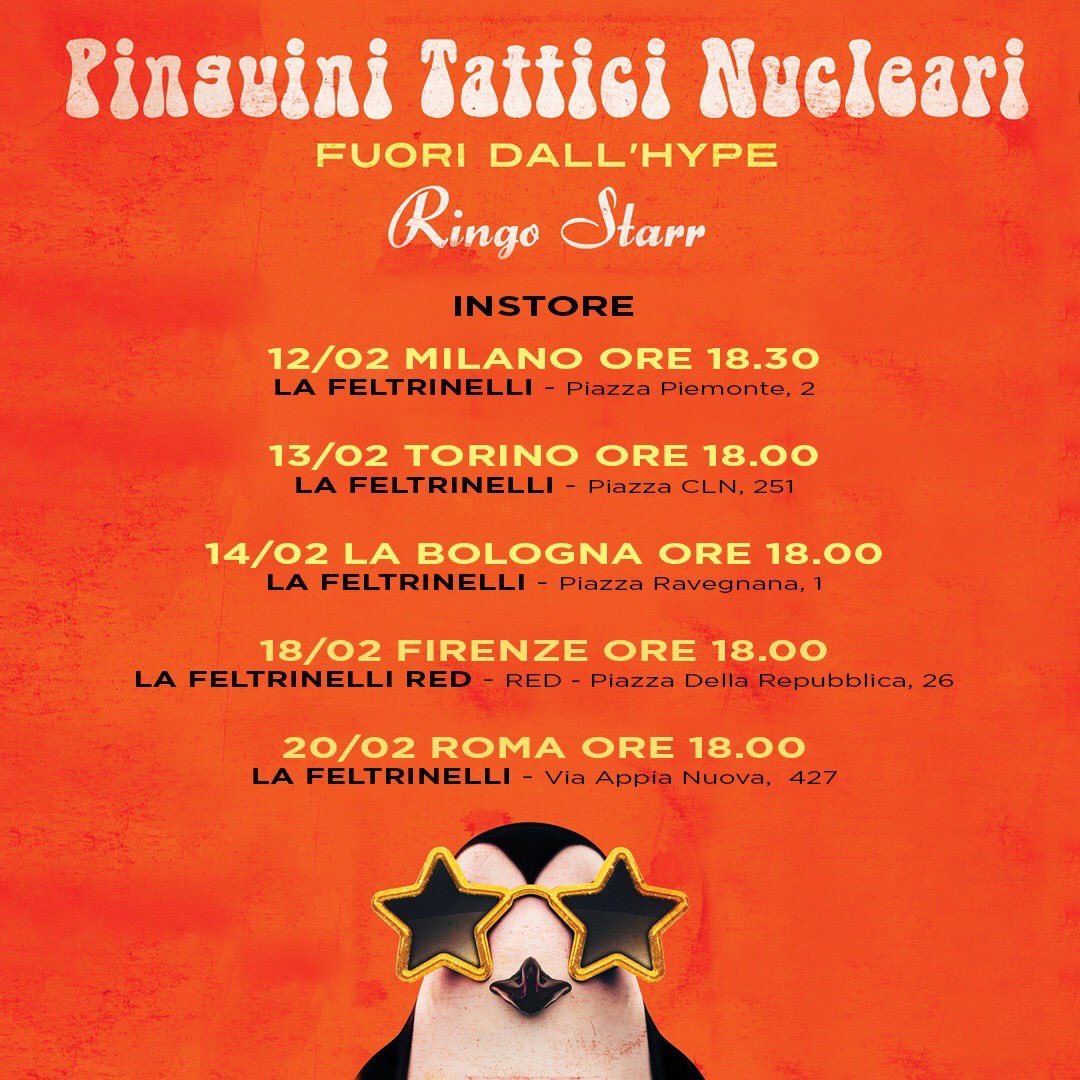 Sorpresa! Abbiamo organizzato cinque instore in cui ci potremo incontrare e parlare un po', giusto prima dei concerti nei palazzetti! Ci vediamo lì! 🐧⭐️ #pinguinitatticinucleari #instore #ringostarr #fuoridallhype #civediamo