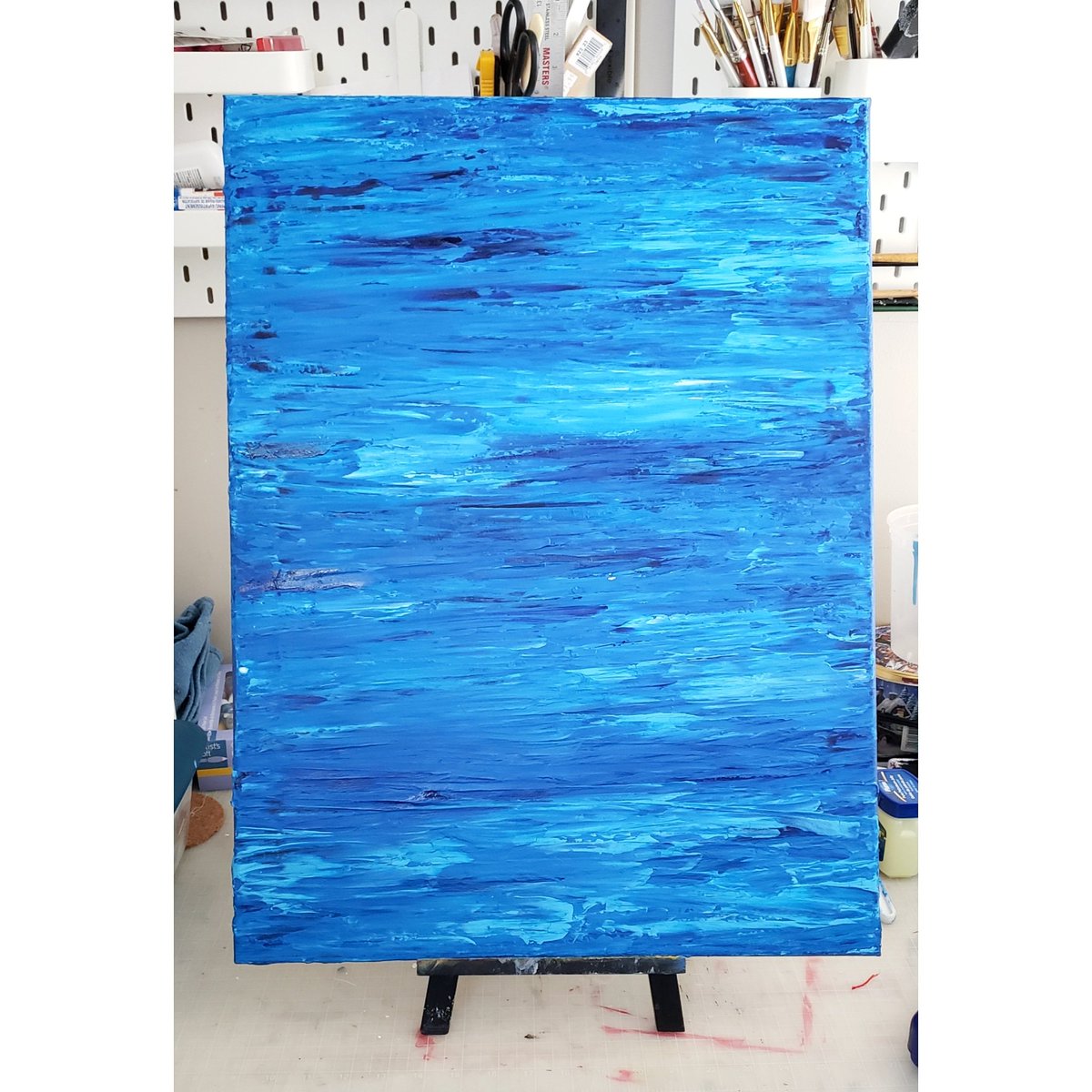 Trying to expand as an artist, and took a stab at a pallet knife painting last night. Was liking the way it was looking like water, so I kept to blues and the one direction across the canvas.

#painting #canvas #palletknifepainting #abstract #acrylicpainting