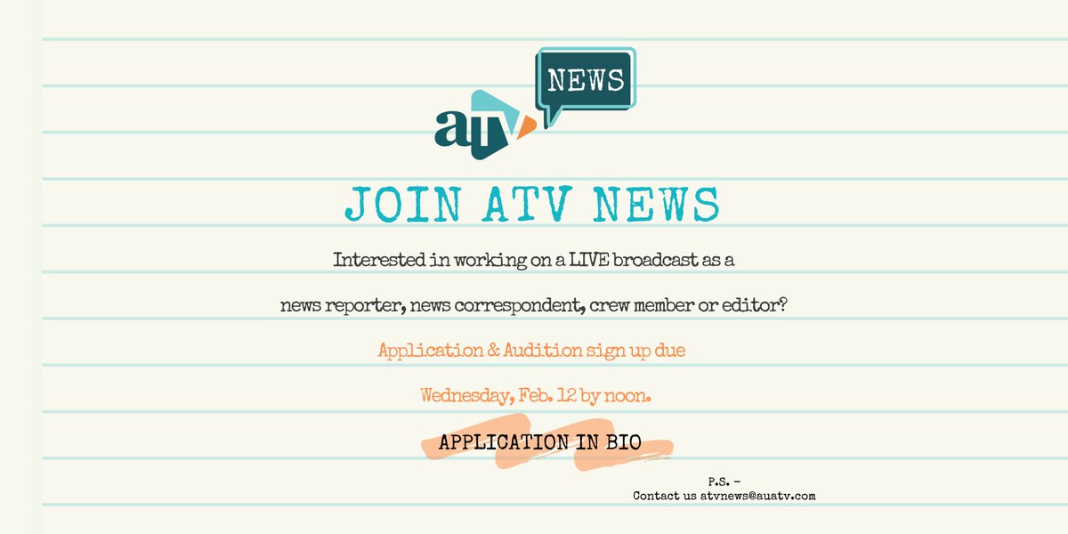 AUATVNews's tweet photo. Interested in joining American University Television's student-run broadcast news program? Complete the brief Spring 2020 Application by Wednesday, Feb. 12 at noon. Application and audition sign up in bio. #atvnews #aunews #americanuniversity #studentjournalism #broadcastnews https://t.co/aQZ1AeA5Di