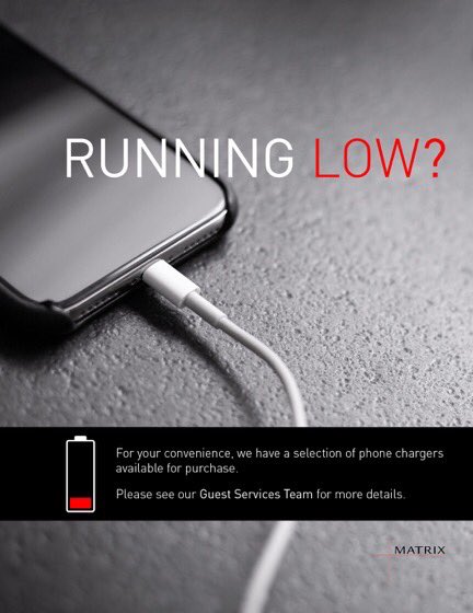 Forget your phone charger at home?
We have got you covered! We have different types of phone chargers available for purchase at the front desk.

#MatrixHotel