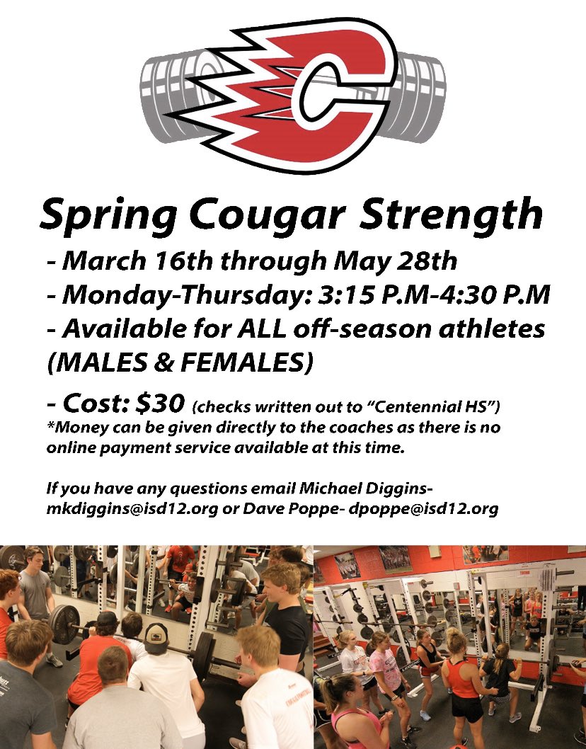 CentCougsFB's tweet photo. Spring Cougar Strength will begin the Monday after spring break for ALL Cougar off-season athletes. Also, here will be the times for summer Cougar Strength so you can begin to plan around those times! Time to keep growing as #OneDen 🔴⚪️⚫️ https://t.co/QFyp2Nt3DX