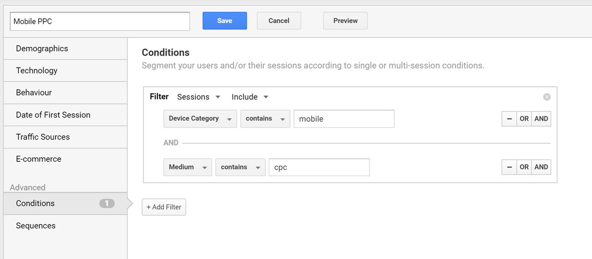 67. Here's a basic segment looking at mobile ppc for hunting for obvious optimisations. Eg, on the right is the breakdown of sessions by age/conversion rates.If those ads had been limited to 25-54 y/os over the same number of sessions, there would have been ~1,000 extra orders.