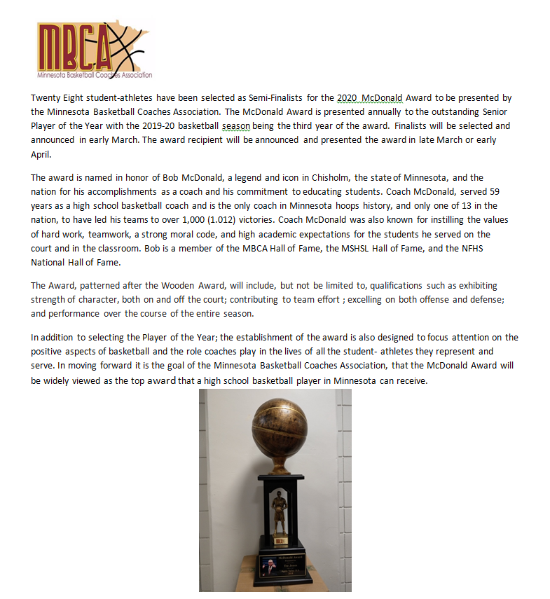 MN_BCA's tweet photo. Minnesota Basketball Coaches Association is honored to announce the 2019-20 MBCA McDonald Award 
Semi-Finalists https://t.co/KLzPNWJ3do