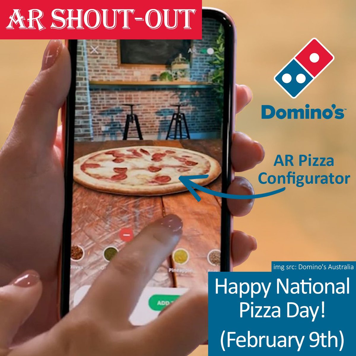 ShowMeVirtual's tweet image. It's #NationalPizzaDay, so we wanted to give an #AugmentedReality shout-out to Dominos for their awesome #AR pizza configurator and other AR integrations. Check out the AR pizza configurator here: youtube.com/watch?v=OIP5Sa…

#pizza #innovator #XR #XRdaily #XRholiday