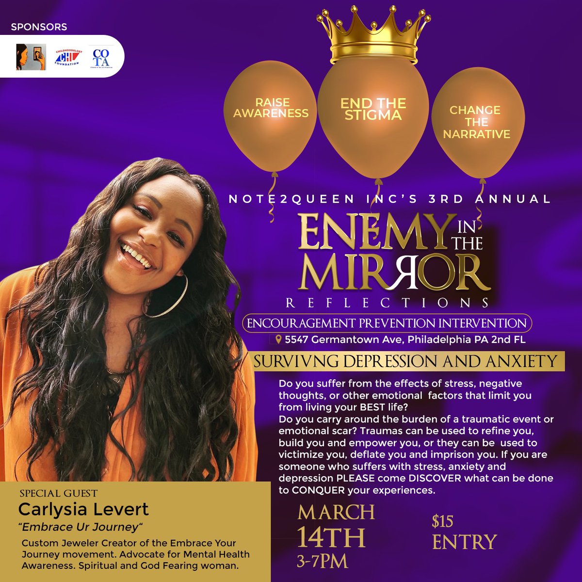 Note2Queen's tweet image. We are excited to have our special guest @carlysialevert 
The daughter of the late great music legend Gerald Levert and the granddaughter of singer Eddie Levert of the legendary O’Jays. She was devastated when she lost her father at age 16. note2queen-inc.ticketleap.com