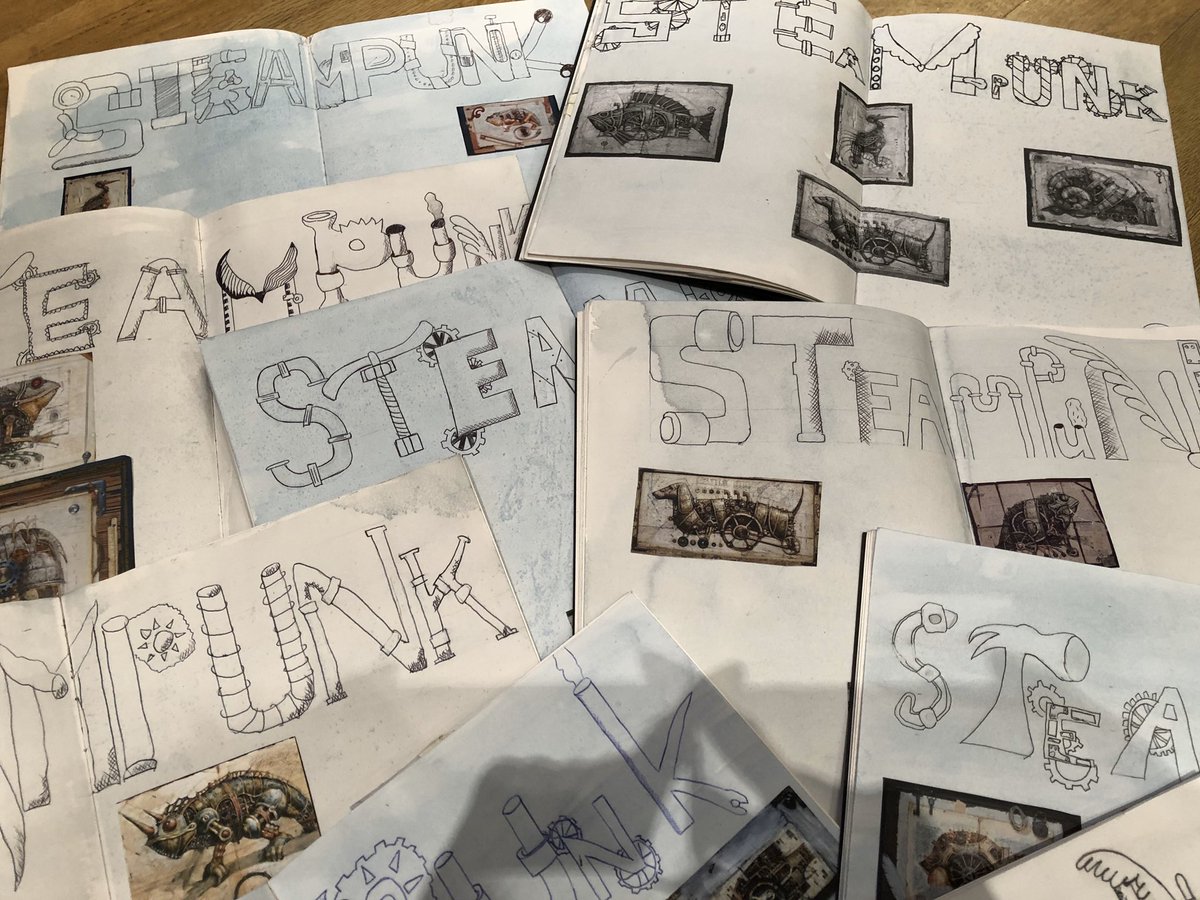 BirkdaleHS_Art's tweet photo. Delight with these Steampunk title pages from 8TA @BirkdaleHS #steampunk #creativeboys https://t.co/hJmugEmqq8